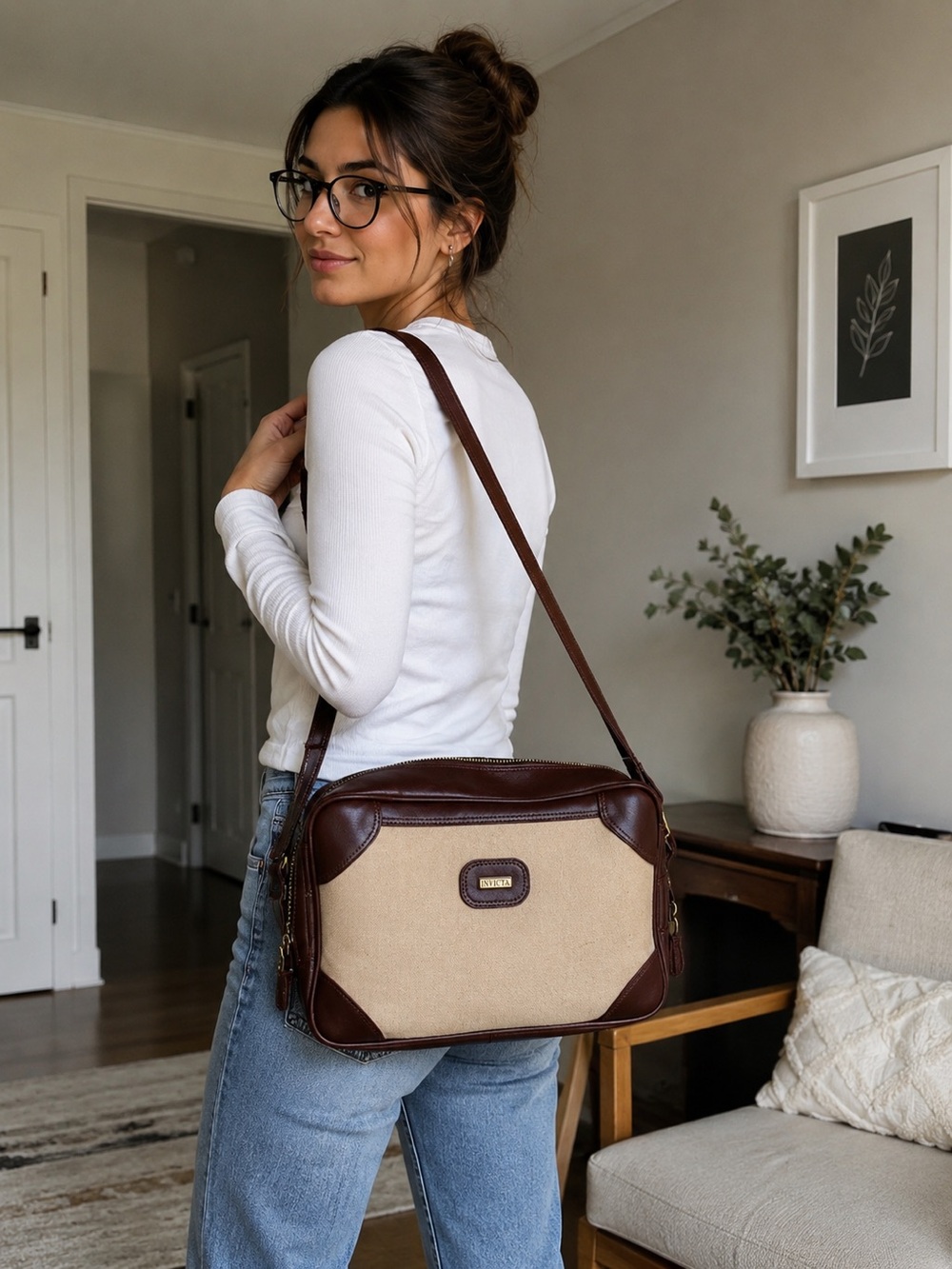 Invicta Beige Canvas and Brown Leather Messenger Bag